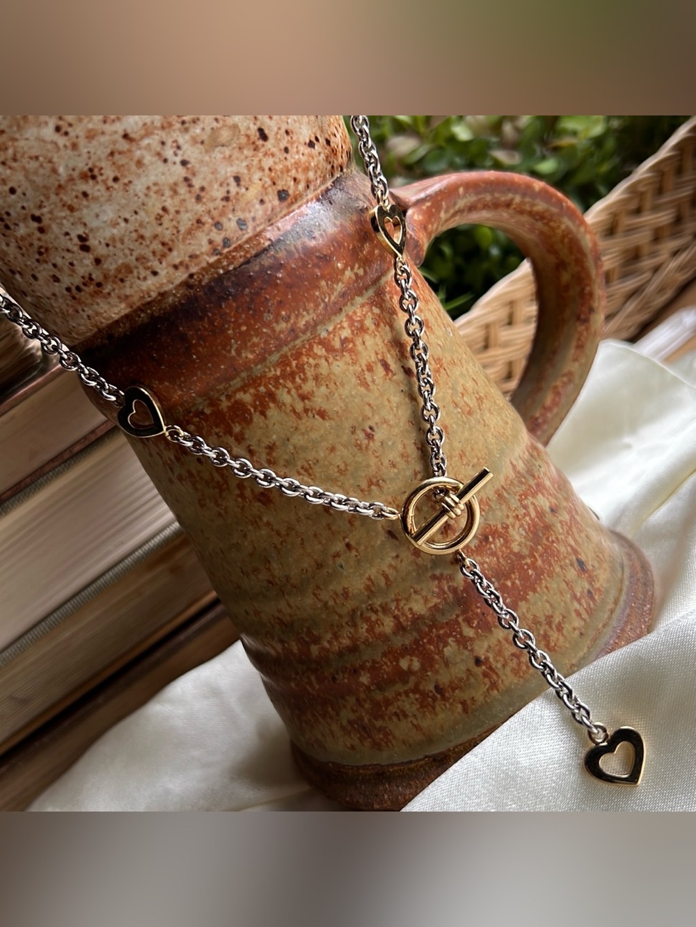 Women’s Fashion Jewelry Two-tone Silver & Gold tone Heart Chain Necklace